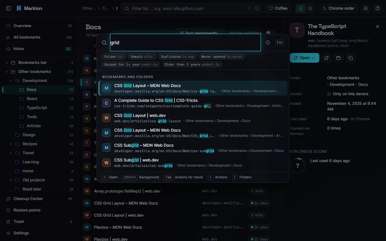 The command palette with search results