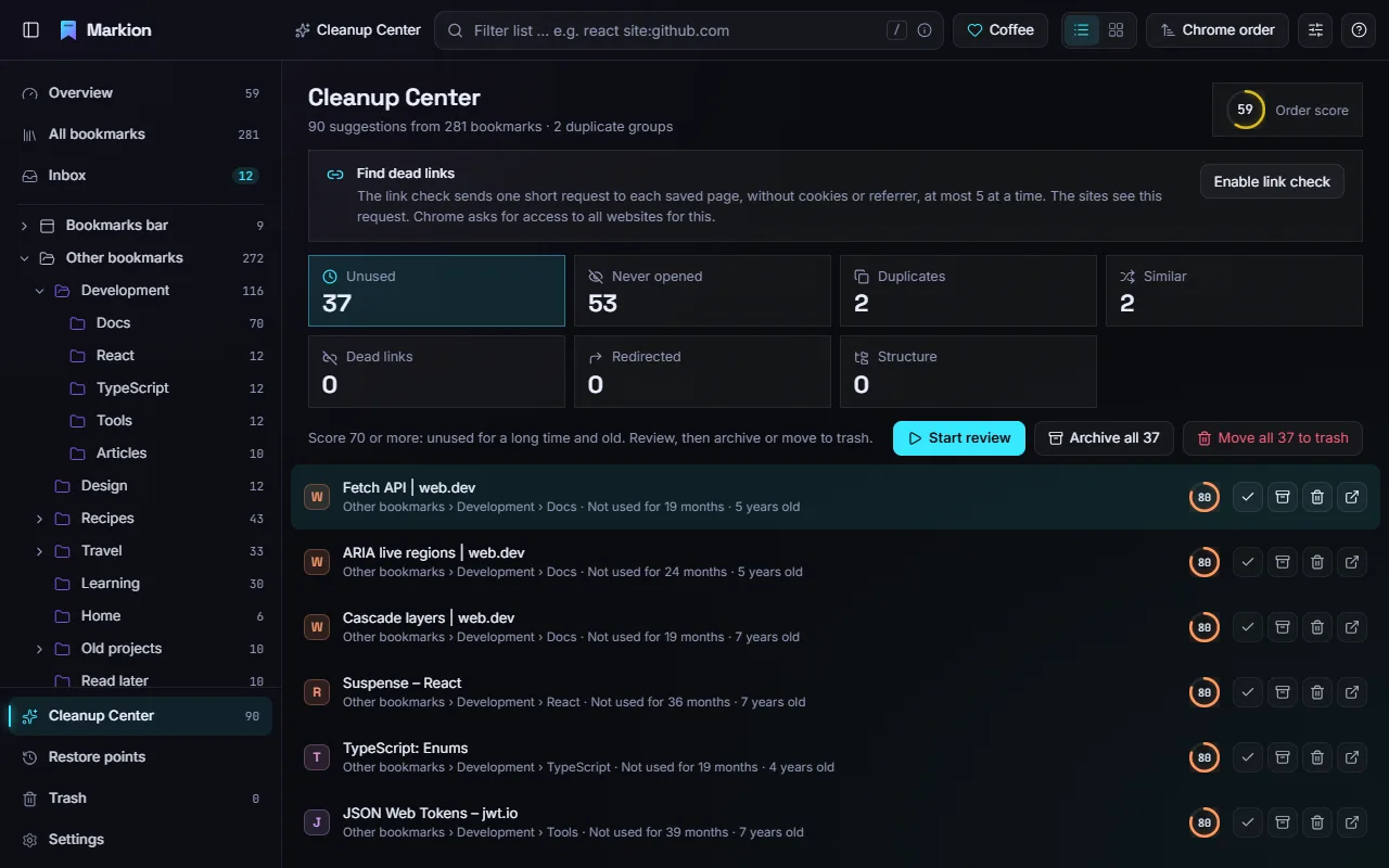 The Cleanup Center with categories and findings