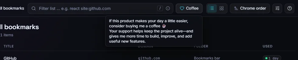 The Coffee button with its tooltip