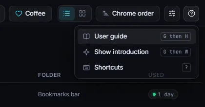 The help menu with User guide, Show introduction and Shortcuts
