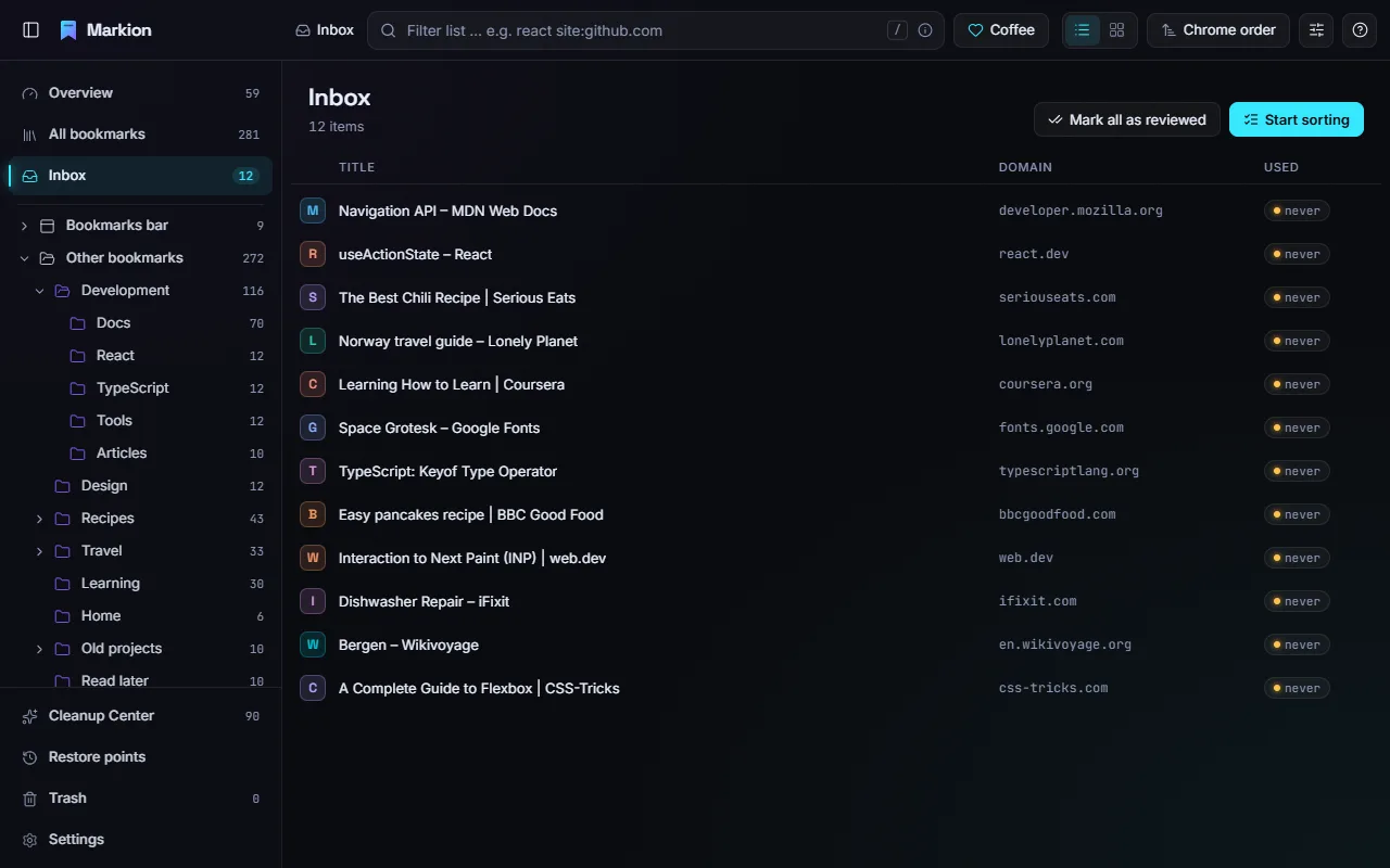 The inbox with unsorted bookmarks