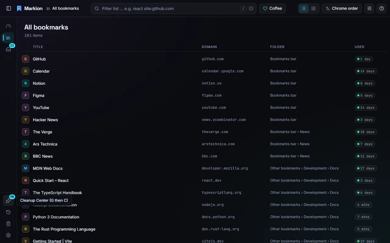 Collapsed sidebar showing only icons, with a tooltip for the Cleanup Center
