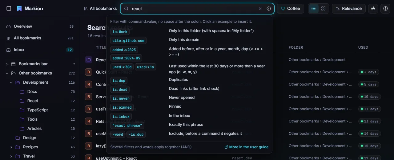 The search syntax help opened from the info icon in the search field