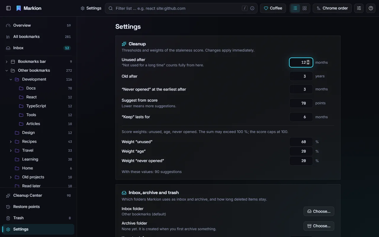 The settings page